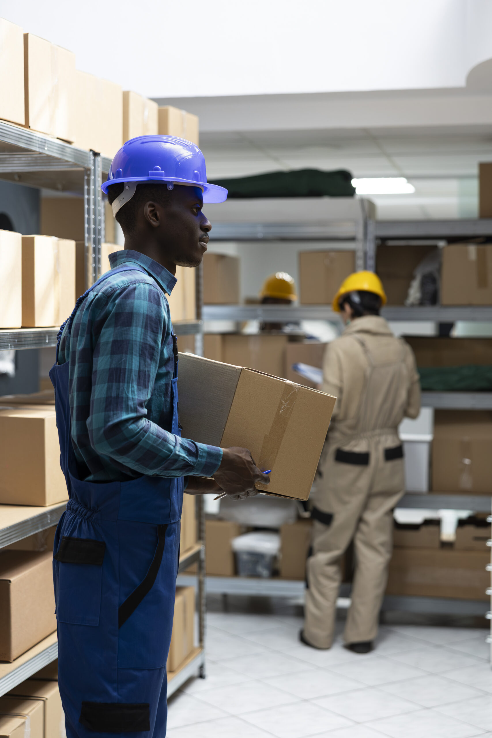 african american worker in protective gear checks merchandise for dispatch